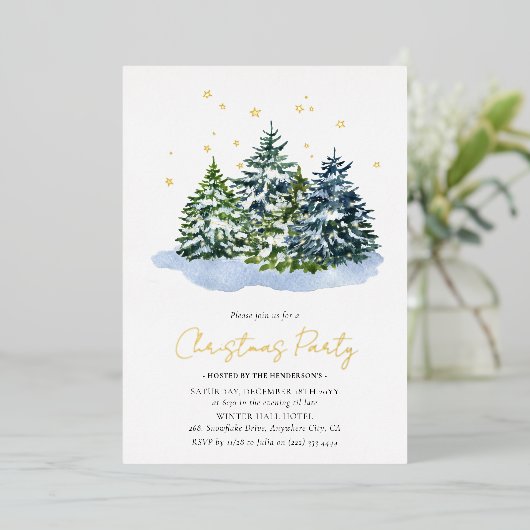 ウィンターツリーズ&スターズクリスマスパーティーホリデー金ゴールド 箔招待状 (立ち正面)