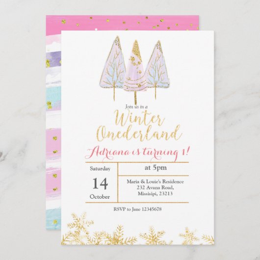 ウィンターツリーワンダーランド誕生日招待状 招待状 (正面/裏面)