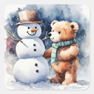 ウィンターテディベアと雪だるま スクエアシール