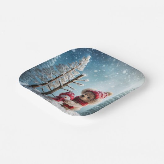 ウィンターテディベアと雪だるま ペーパープレート (傾斜あり)