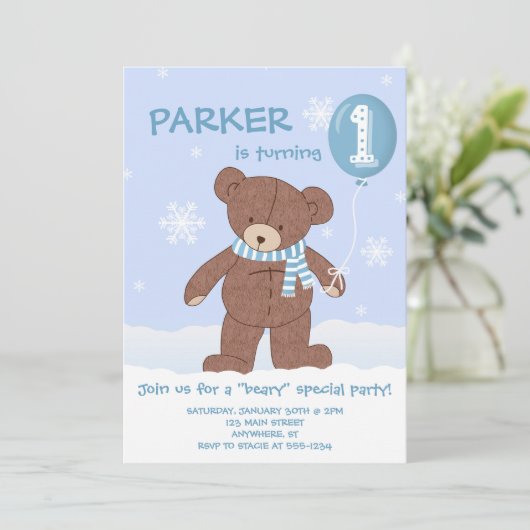 ウィンターテディベアバルーン1st誕生日招待状 招待状 (スタンド正面)