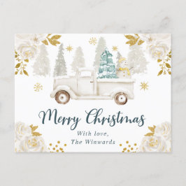 ウィンタートラックホワイト&金ゴールドフローラクリスマス シーズンポストカード