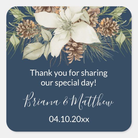 ウィンターネイビーブルーエレガントスクリプト結婚式の引き出物 スクエアシール (正面)