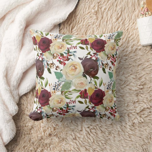 ウィンターバーガンディウォーターカラーフローラ装飾用クッション クッション (ブランケット)