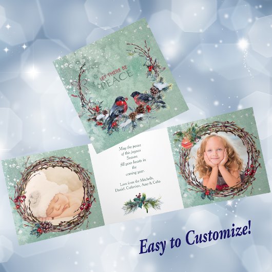 ウィンターバーズパインリース写真テンプレートクリスマス 三つ折りクリスマスカード