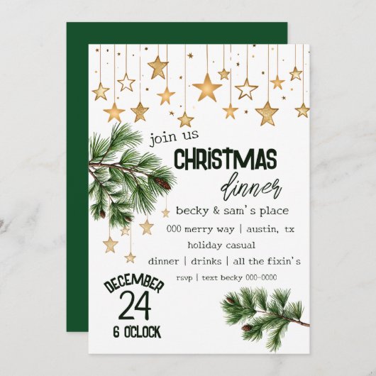 ウィンターパインと金ゴールドホリデースターズディナーパーティー 招待状 (正面/裏面)