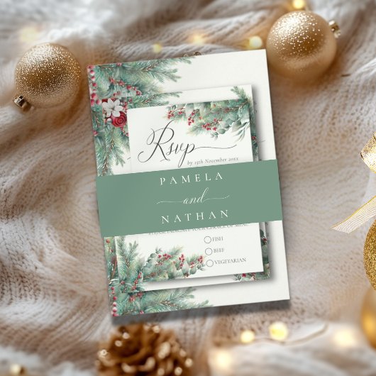 ウィンターパインウォーターカラーグリーンリー結婚式招待状 招待状ベリーバンド