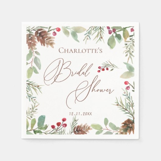ウィンターパインコーンレッドベリーブライダルシャワー スタンダードカクテルナプキン (正面)