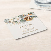 ウィンターパインツリーフラワーフローラ庭園の結婚式 スクエアペーパーコースター (アングル)