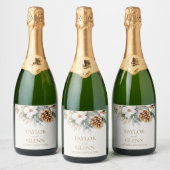 ウィンターパインツリーフラワーフローラ庭園の結婚式 スパークリングワインラベル (ボトル)