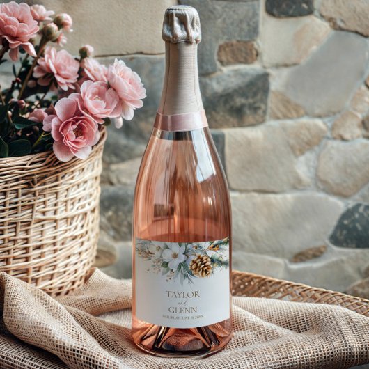 ウィンターパインツリーフラワーフローラ庭園の結婚式 スパークリングワインラベル