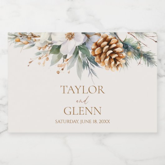 ウィンターパインツリーフラワーフローラ庭園の結婚式 スパークリングワインラベル (シングルラベル)