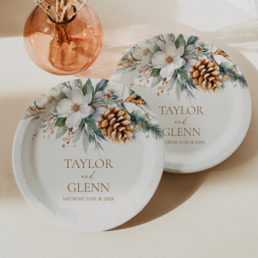 ウィンターパインツリーフラワーフローラ庭園の結婚式 ペーパープレート