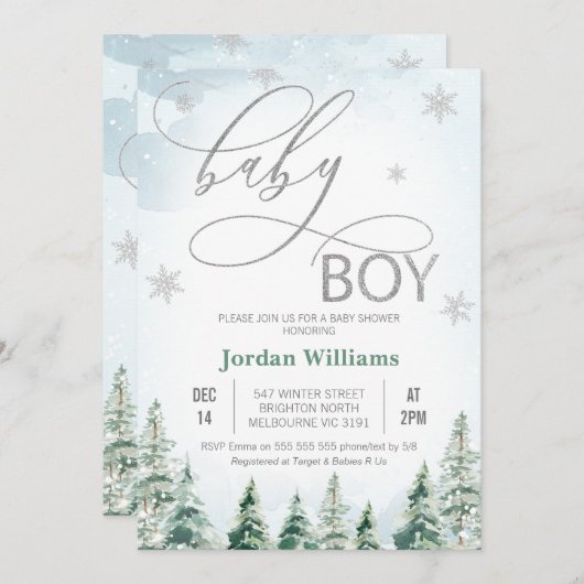 ウィンターパインツリー男の赤ちゃんベビーシャワー 招待状 (正面/裏面)