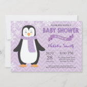 ウィンターパープルペンギンガールベビーシャワー招待状 招待状 (正面)