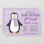ウィンターパープルペンギンガールベビーシャワー招待状 招待状 (正面/裏面)