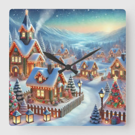 ウィンタービレッジウォールクロックギフト スクエア壁時計