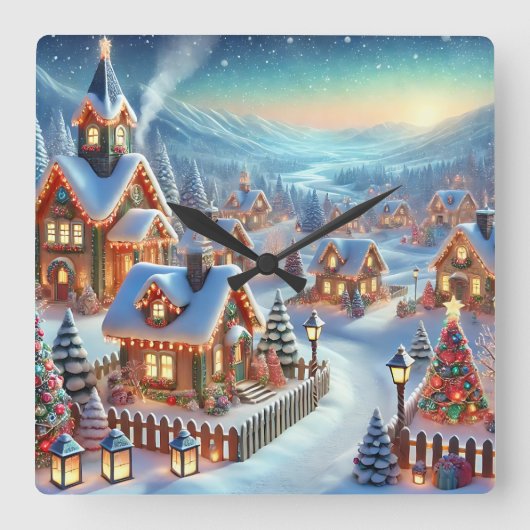 ウィンタービレッジウォールクロックギフト スクエア壁時計 (正面)