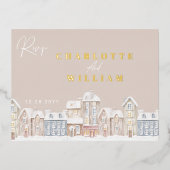 ウィンタービレッジタウンクリスマスホリデーRSVP 箔招待状ポストカード (正面)