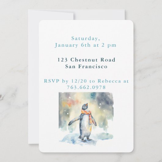 ウィンタービーブペンギン – 誕生日招待状カード 招待状 (裏面)