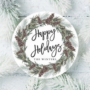 ウィンターピネコンリースハッピーホリデー ラウンドシール