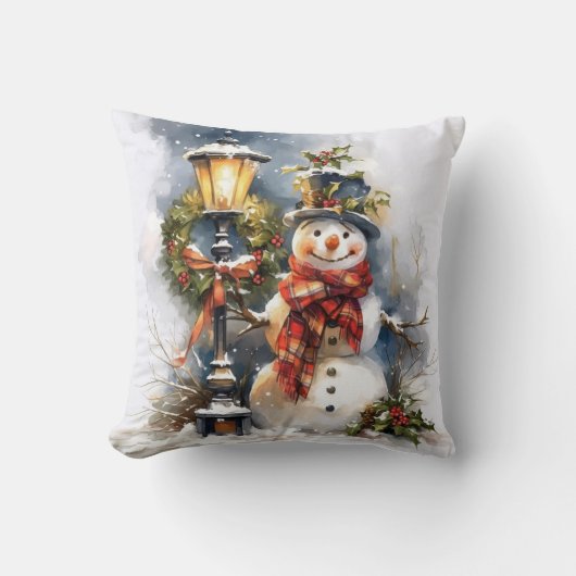 ウィンターピロー – 雪だるまと街灯のシーン クッション (正面)