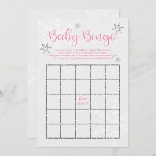 ウィンターピンクとシルバーのスノーフレークベビービンゴ 招待状 (正面/裏面)