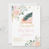 ウィンターピンクと金ゴールドそり赤ちゃんシャワー 招待状 (正面)