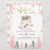 ウィンターピンクと金ゴールドガールアイススケートで滑る誕生日 招待状 (正面/裏面)