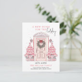 ウィンターピンクのクリスマスドア新しいホームムービング シーズンポストカード (スタンド正面)