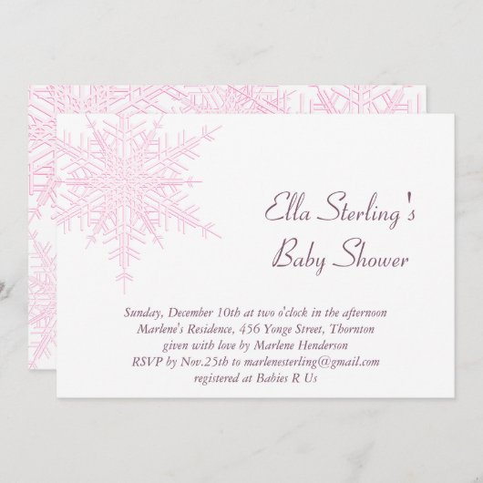ウィンターピンクのスノーフレークベビーシャワー招待状 招待状 (正面/裏面)