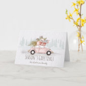 ウィンターピンクの車の家族の挨拶 カード (黄色い花)