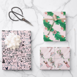 ウィンターピンクガーリーおもしろいホリーブーツクリスマス ラッピングペーパーシート