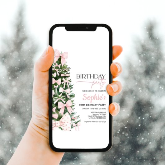 ウィンターピンクコケットボウ誕生日招待状 招待状