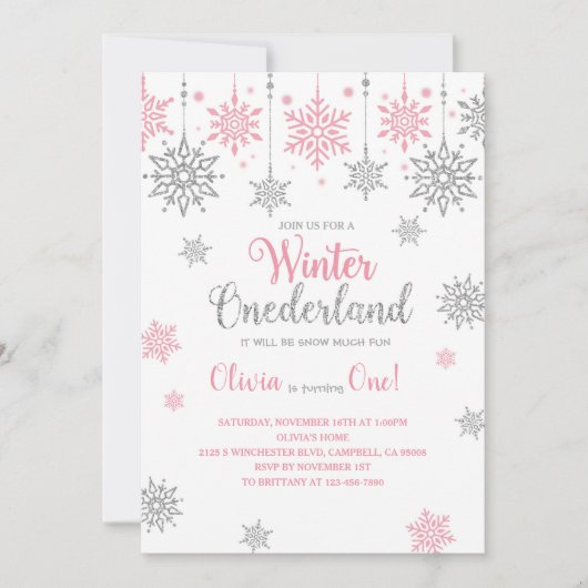 ウィンターピンクスノーフレーク誕生日 招待状 (正面)