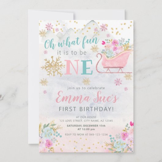 ウィンターピンクスノーフレークOh何おもしろい最初の誕生日 招待状 (正面)