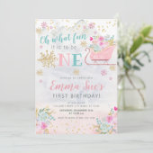 ウィンターピンクスノーフレークOh何おもしろい最初の誕生日 招待状 (スタンド正面)