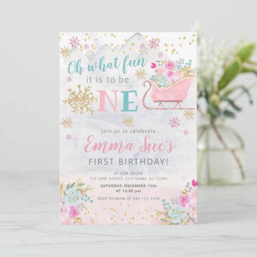 ウィンターピンクスノーフレークOh何おもしろい最初の誕生日 招待状 (スタンド正面)