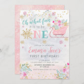 ウィンターピンクスノーフレークOh何おもしろい最初の誕生日 招待状 (正面/裏面)