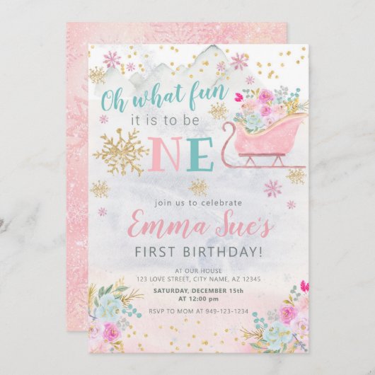 ウィンターピンクスノーフレークOh何おもしろい最初の誕生日 招待状 (正面/裏面)