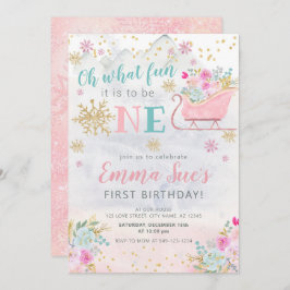 ウィンターピンクスノーフレークOh何おもしろい最初の誕生日 招待状