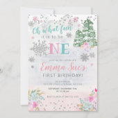 ウィンターピンクスノーフレークOh何おもしろい最初の誕生日 招待状 (正面)