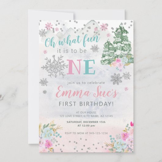 ウィンターピンクスノーフレークOh何おもしろい最初の誕生日 招待状 (正面)