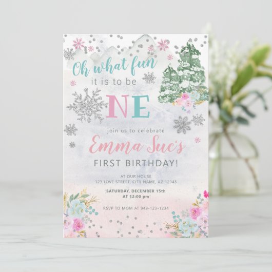 ウィンターピンクスノーフレークOh何おもしろい最初の誕生日 招待状 (スタンド正面)