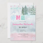 ウィンターピンクスノーフレークOh何おもしろい最初の誕生日 招待状 (正面)