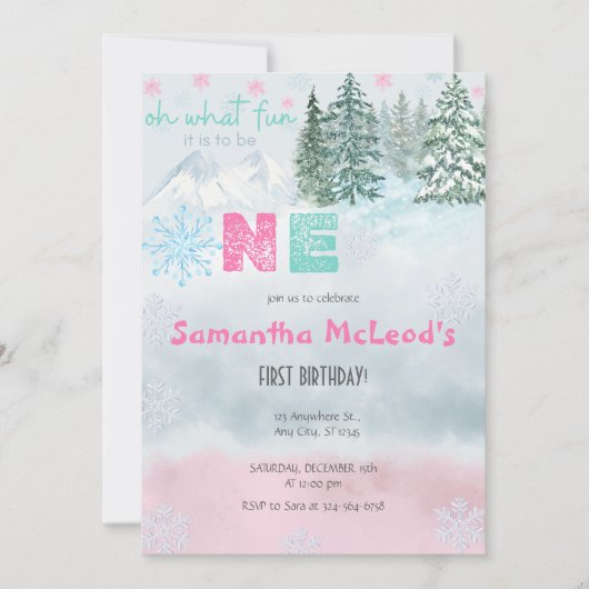 ウィンターピンクスノーフレークOh何おもしろい最初の誕生日 招待状 (正面)