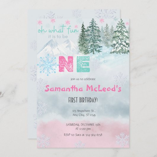 ウィンターピンクスノーフレークOh何おもしろい最初の誕生日 招待状 (正面/裏面)