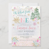 ウィンターピンクスノーフレークOh何おもしろい最初の誕生日I 招待状 (正面)