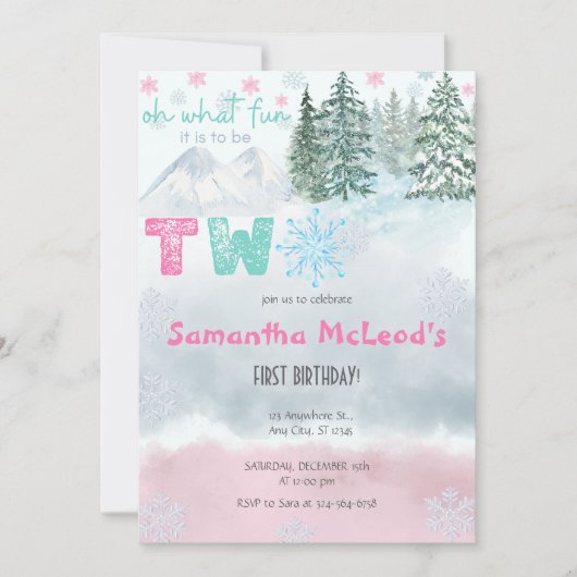 ウィンターピンクスノーフレークOh何おもしろい第2誕生日 招待状 (正面)