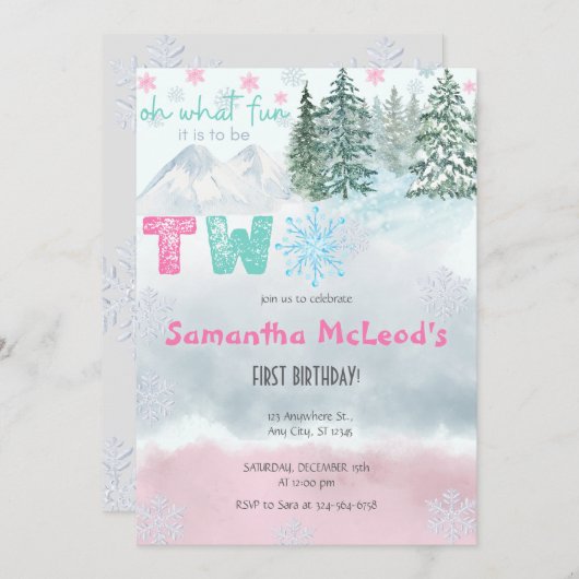 ウィンターピンクスノーフレークOh何おもしろい第2誕生日 招待状 (正面/裏面)